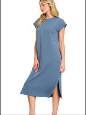 Amgee Alexandra Ash Blue Linen Cotton Midi Maxi Dress Size M Relaxed Breathable